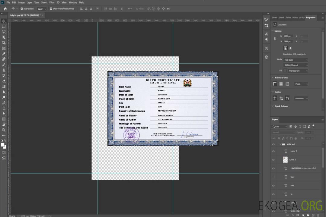 Modèle PSD de certificat de naissance de l'état civil du Kenya template